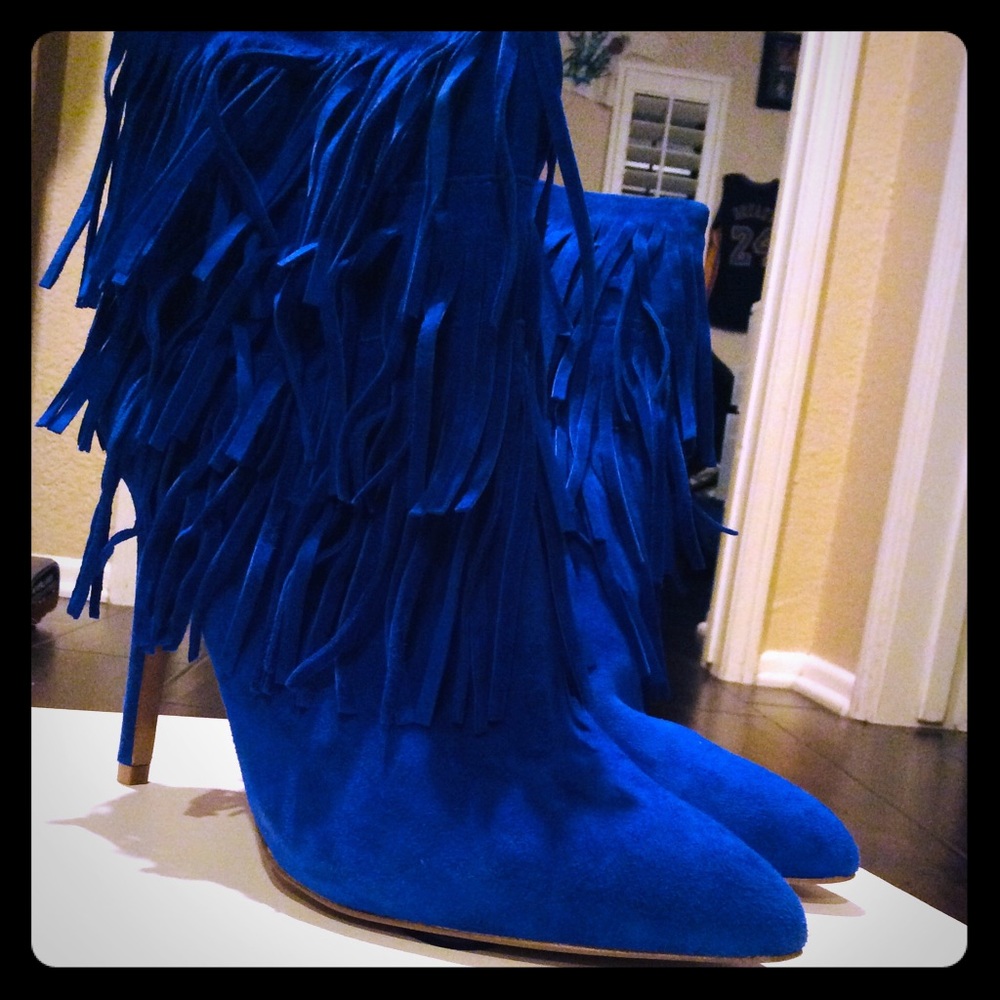 Blue suede tassel heels